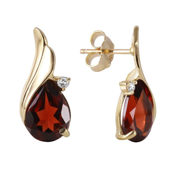 14K. SOLID GOLD STUD EARRING WITH DIAMONDS & GARNETS (Yellow Gold)